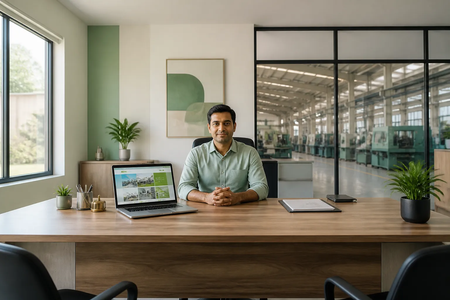 Modern Pune MIDC business office showing a newly launched AEO-optimized website on a laptop