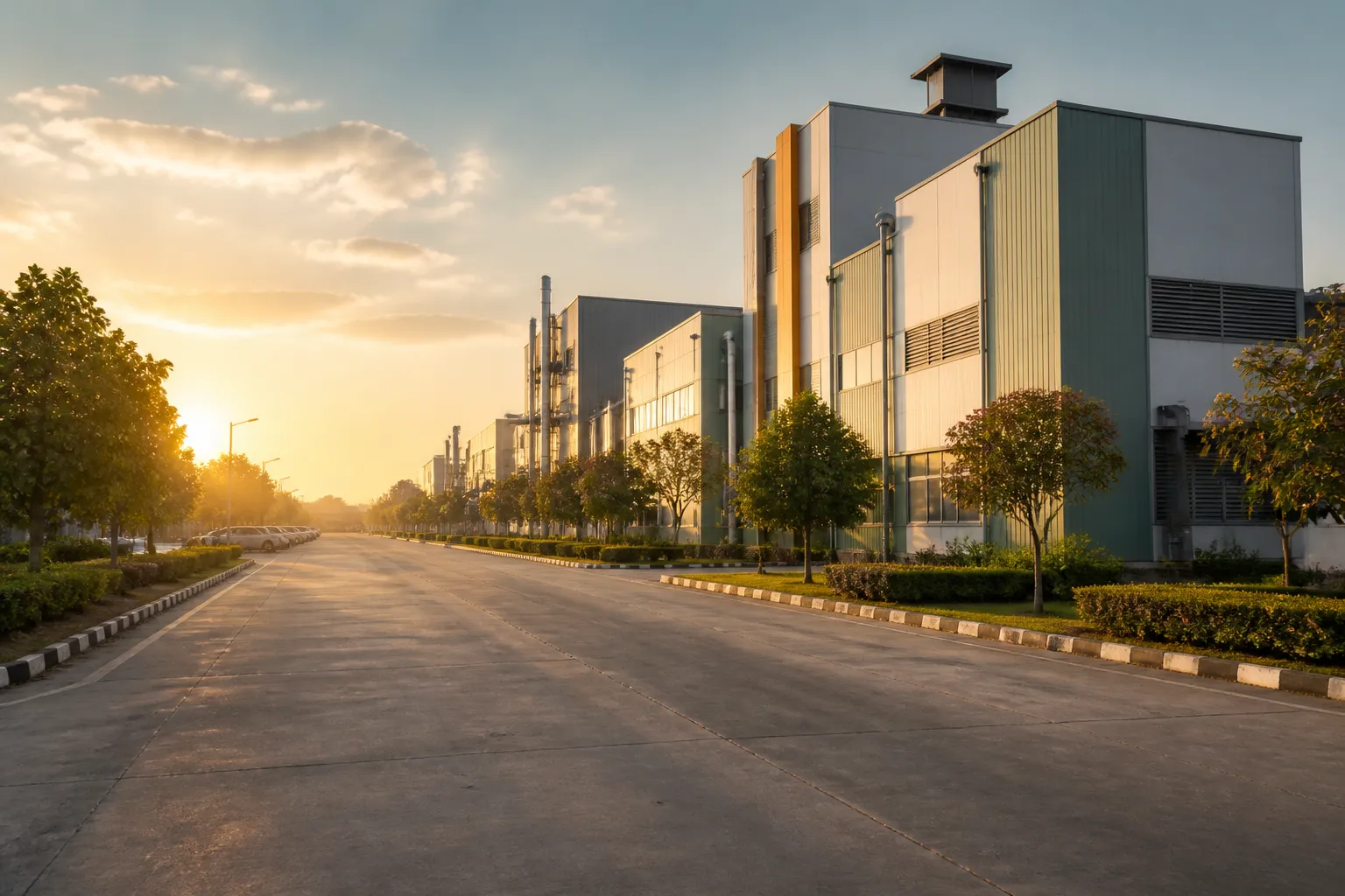 Pune MIDC industrial zone at golden hour, wide avenue with factory buildings